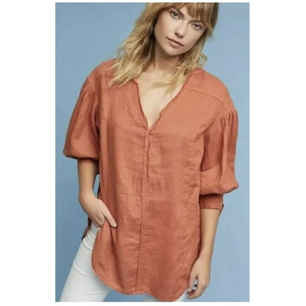 HOLDING HORSES $98 Anthropologie Puff Sleeve Linen Tunic Orange XS - Picture 1 of 4